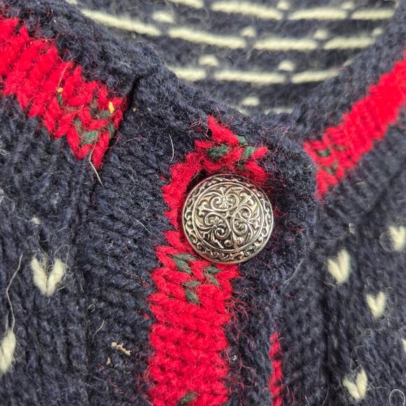 Vintage L.L. Bean Blue Red White Chunky Knit Fair Isle Cardigan Sweater Large - Picture 3 of 5